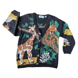 Belle Pointe Novelty Jungle Safari Cardigan Knit Sweater VTG 90s XL Women RARE